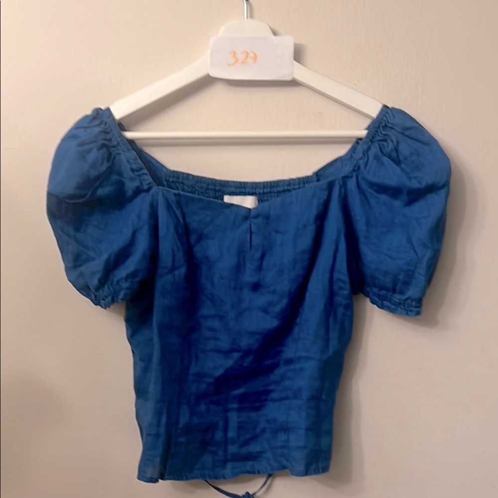 H&M Blue Puff Sleeve Smocked Blouse